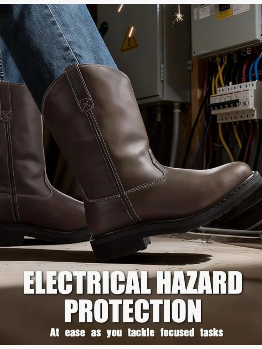 Men's Brown Leather Pull-On Work Boots